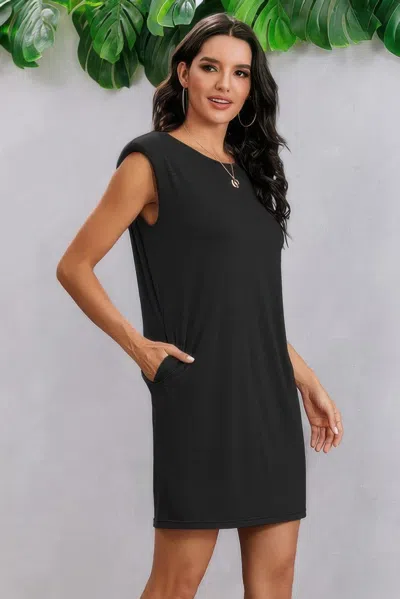 Fashnzfab Round Neck Solid Sleeveless Shirt Dress In Black