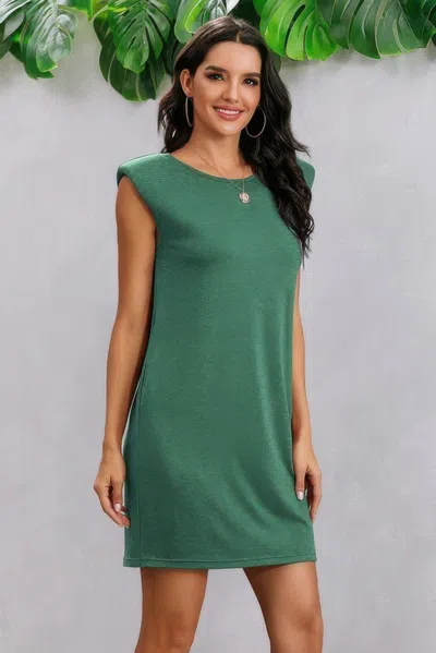 Fashnzfab Round Neck Solid Sleeveless Shirt Dress In Green