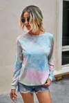 Fashnzfab Round Neck Tie Dye Open Back Loose Sweatshirt