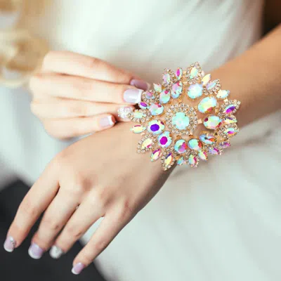 Fashnzfab Round Oval Marquise Stone Embellished Pearl Bracelet Ab, Cream, Gold In Multi