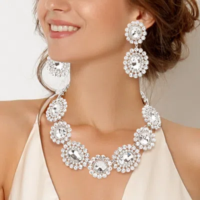 Fashnzfab Round Oval Stone Accented Evening Necklace In Silver