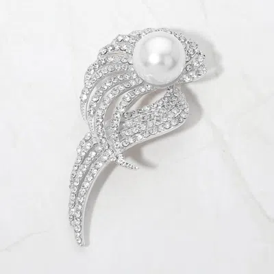 Fashnzfab Round Pearl Accent Rhinestone Pave Leaf Inspired Pin Brooch In Metallic