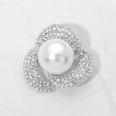 Fashnzfab Round Pearl Center Rhinestone Pave Floral Swirl Pin Brooch In White