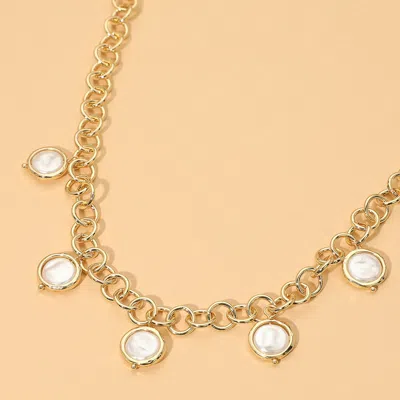 Fashnzfab Round Pearl Charm Station Necklace In Silver
