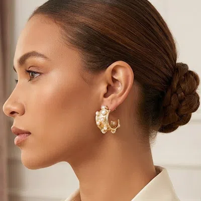 Fashnzfab Round Pearl Embellished Textured Wide Hoop Earrings In Multi