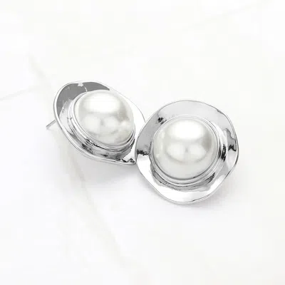 Fashnzfab Round Pearl Pointed Earrings - Rhodium In Metallic