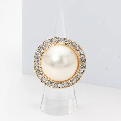 Fashnzfab Round Pearl Rhinestone Halo Stretch Ring In Gold