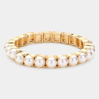 Fashnzfab Round Pearl Stretch Bracelet Cream, Worn Gold In Multi