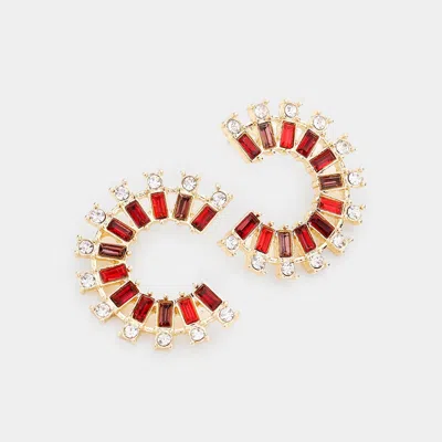 Fashnzfab Round Rectangle Stone C Shaped Earrings In Red