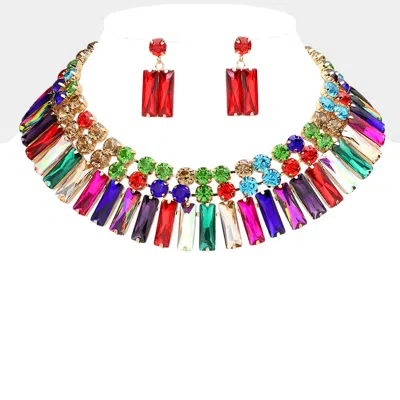 Fashnzfab Round Rectangle Stone Cluster Evening Necklace In Multi