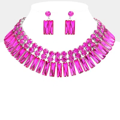 Fashnzfab Round Rectangle Stone Cluster Evening Necklace In Pink