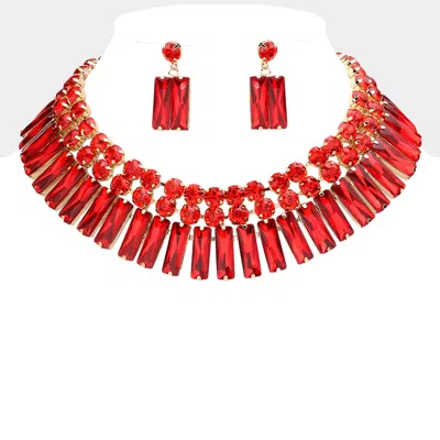 Fashnzfab Round Rectangle Stone Cluster Evening Necklace In Red
