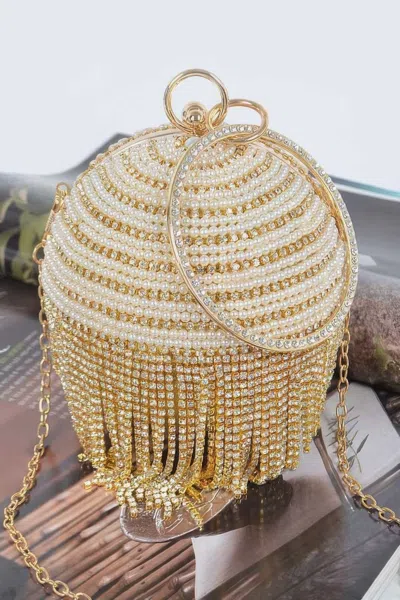 Fashnzfab Round Rhinestone Fringe Bag W Faux Pearl In Gold