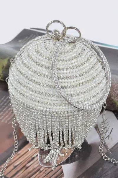 Fashnzfab Round Rhinestone Fringe Bag W Faux Pearl In Silver