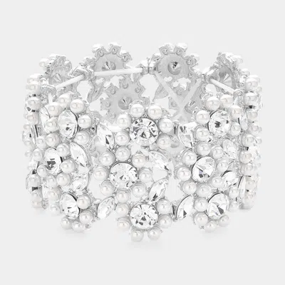 Fashnzfab Round Rhinestone Pointed Pearl Flower Stretch Evening Bracelet Clear, Silver In Multi