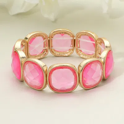 Fashnzfab Round Square Faceted Gemstone Frame Beaded Stretch Bracelet Fuchsia, Worn Gold In Multi