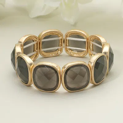 Fashnzfab Round Square Faceted Gemstone Frame Beaded Stretch Bracelet Gray, Worn Gold In Black