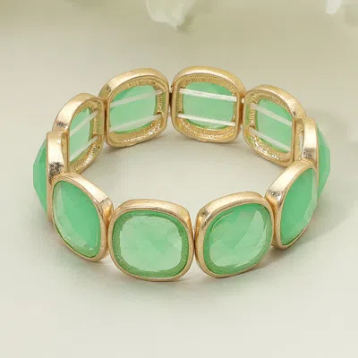 Fashnzfab Round Square Faceted Gemstone Frame Beaded Stretch Bracelet Green, Light, Worn Gold