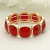 Fashnzfab Round Square Faceted Gemstone Frame Beaded Stretch Bracelet Red, Worn Gold In Gold
