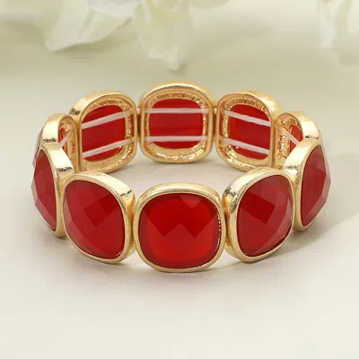 Fashnzfab Round Square Faceted Gemstone Frame Beaded Stretch Bracelet Red, Worn Gold