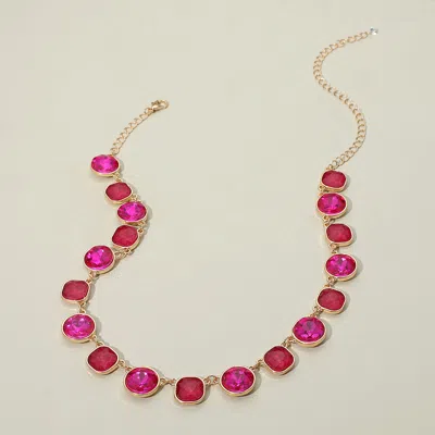 Fashnzfab Round Square Stone Bezel Cluster Link Necklace In Pink