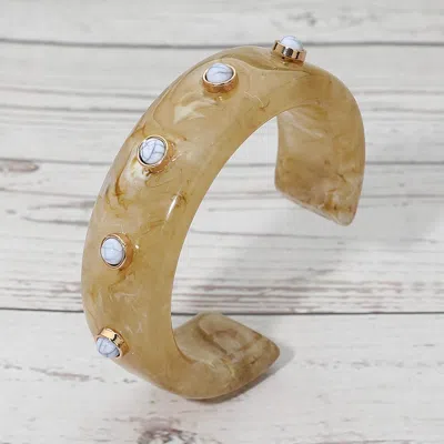 Fashnzfab Round Stone Accent Wide Resin Cuff Bracelet In Brown