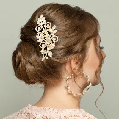 Fashnzfab Round Stone Accented Leaves Hair Comb In Gold
