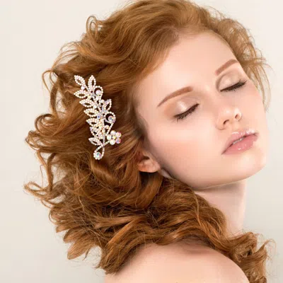 Fashnzfab Round Stone Accented Rhinesone Paved Flower Pointed Hair Comb In Gold