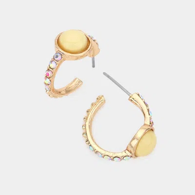 Fashnzfab Round Stone Accented Rhinestone Embellished Hoop Earrings - Yellow