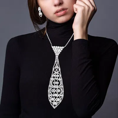 Fashnzfab Round Stone Accented Rhinestone Neck Tie Necklace In Silver