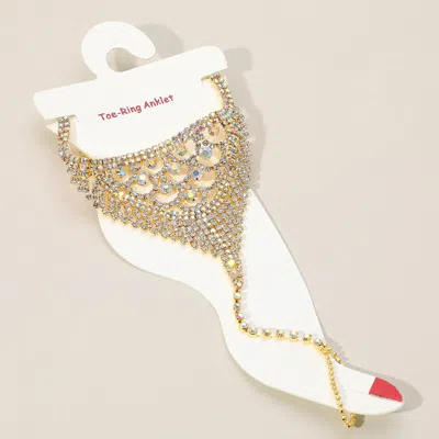 Fashnzfab Round Stone Accented Rhinestone Net Toe Ring Evening Anklet - Ab, Gold In Multi