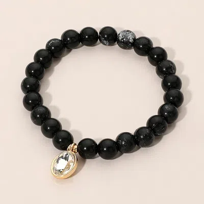 Fashnzfab Round Stone Bezel Charm Beaded Stretch Bracelet In Black