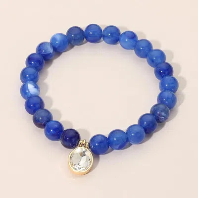 Fashnzfab Round Stone Bezel Charm Beaded Stretch Bracelet In Blue