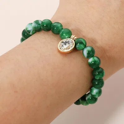 Fashnzfab Round Stone Bezel Charm Beaded Stretch Bracelet In Green