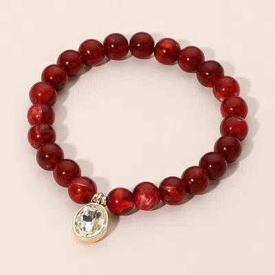 Fashnzfab Round Stone Bezel Charm Beaded Stretch Bracelet In Red