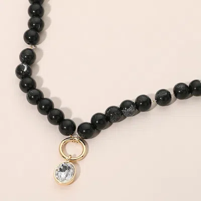 Fashnzfab Round Stone Bezel Charm Pendant Beaded Necklace In Black