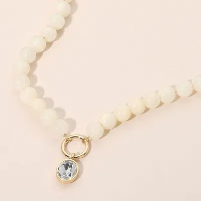 Fashnzfab Round Stone Bezel Charm Pendant Beaded Necklace In White