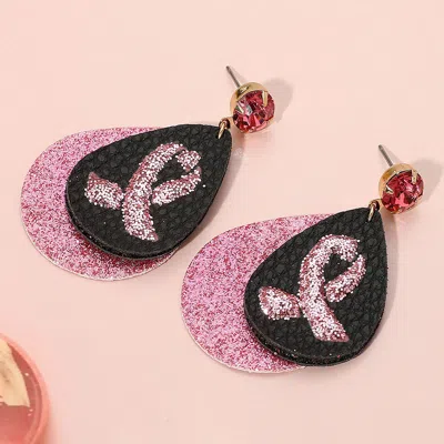 Fashnzfab Round Stone Bling Pink Ribbon Accented Teardrop Dangle Earrings In Black