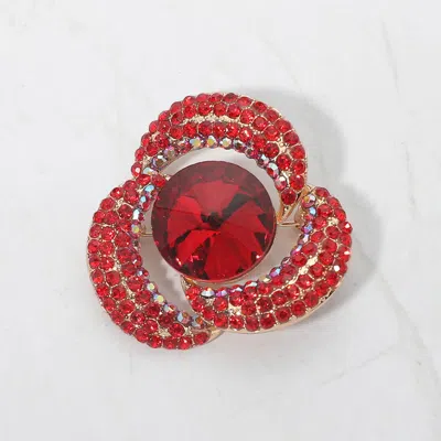 Fashnzfab Round Stone Center Rhinestone Pave Floral Swirl Pin Brooch In Red