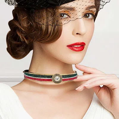 Fashnzfab Round Stone Centered Color Block Rhinestone Embellished Choker Necklace In Brown