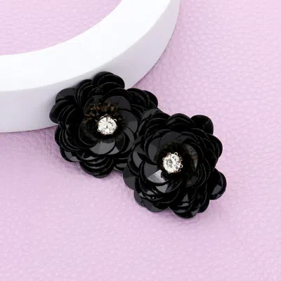 Fashnzfab Round Stone Centered Flower Earrings - Black