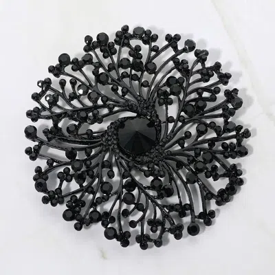 Fashnzfab Round Stone Centered Rhinestone Embellished Branch Flower Pin Brooch In Black