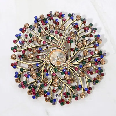 Fashnzfab Round Stone Centered Rhinestone Embellished Branch Flower Pin Brooch In Multi