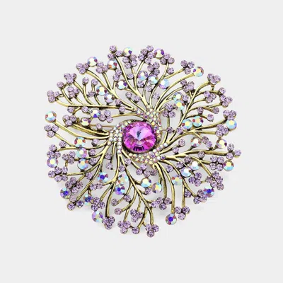 Fashnzfab Round Stone Centered Rhinestone Embellished Branch Flower Pin Brooch In Purple