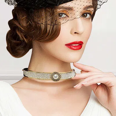 Fashnzfab Round Stone Centered Rhinestone Embellished Choker Necklace In Brown