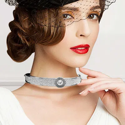 Fashnzfab Round Stone Centered Rhinestone Embellished Choker Necklace In Silver