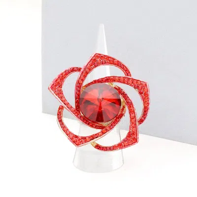 Fashnzfab Round Stone Centered Rhinestone Flower Stretch Ring In Red