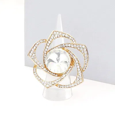Fashnzfab Round Stone Centered Rhinestone Flower Stretch Ring In Gold
