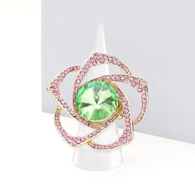 Fashnzfab Round Stone Centered Rhinestone Flower Stretch Ring In Green