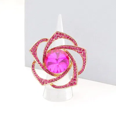 Fashnzfab Round Stone Centered Rhinestone Flower Stretch Ring In Pink
